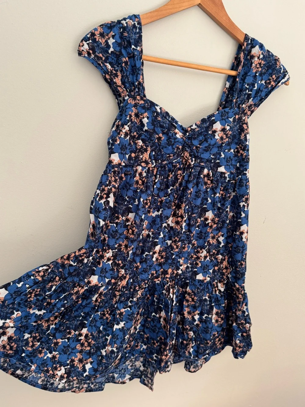 Free People Pattern Play Floral Smocked Mini Dress Blue Cool Combo Size XS